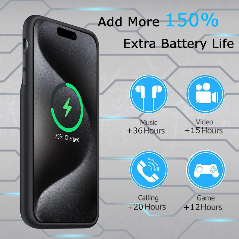 KCKEBLM Battery Case for iPhone 15 Pro Max, Full Encircle 12000mAh Capacity Rechargeable Portable Charger Case Extended Battery Pack for iPhone 15 Pro Max(6.7 inch) Wireless Charging Case with Carplay-Black - Image 2